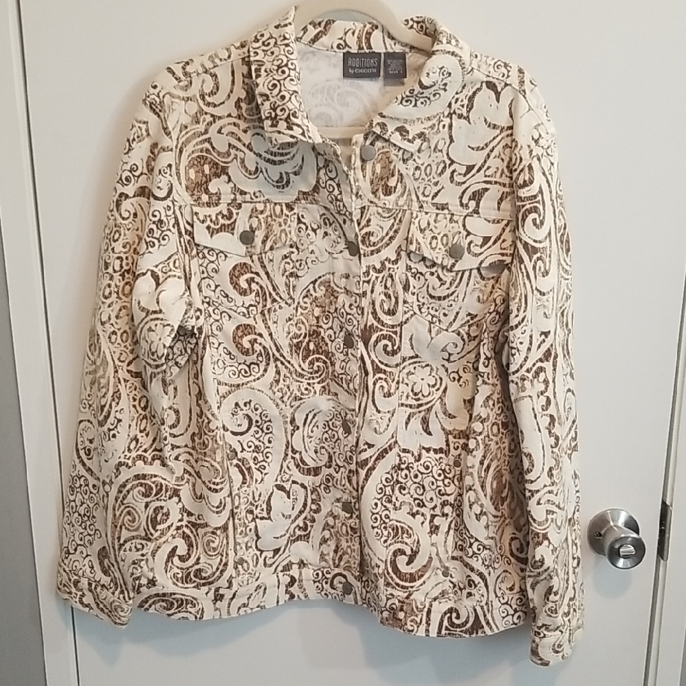 Additions by Chico's Brown and Cream Paisley Denim Jacket